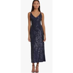 Donna Morgan Women's Sequin V-Neck Spaghetti Strap Midi Dress with High Slit